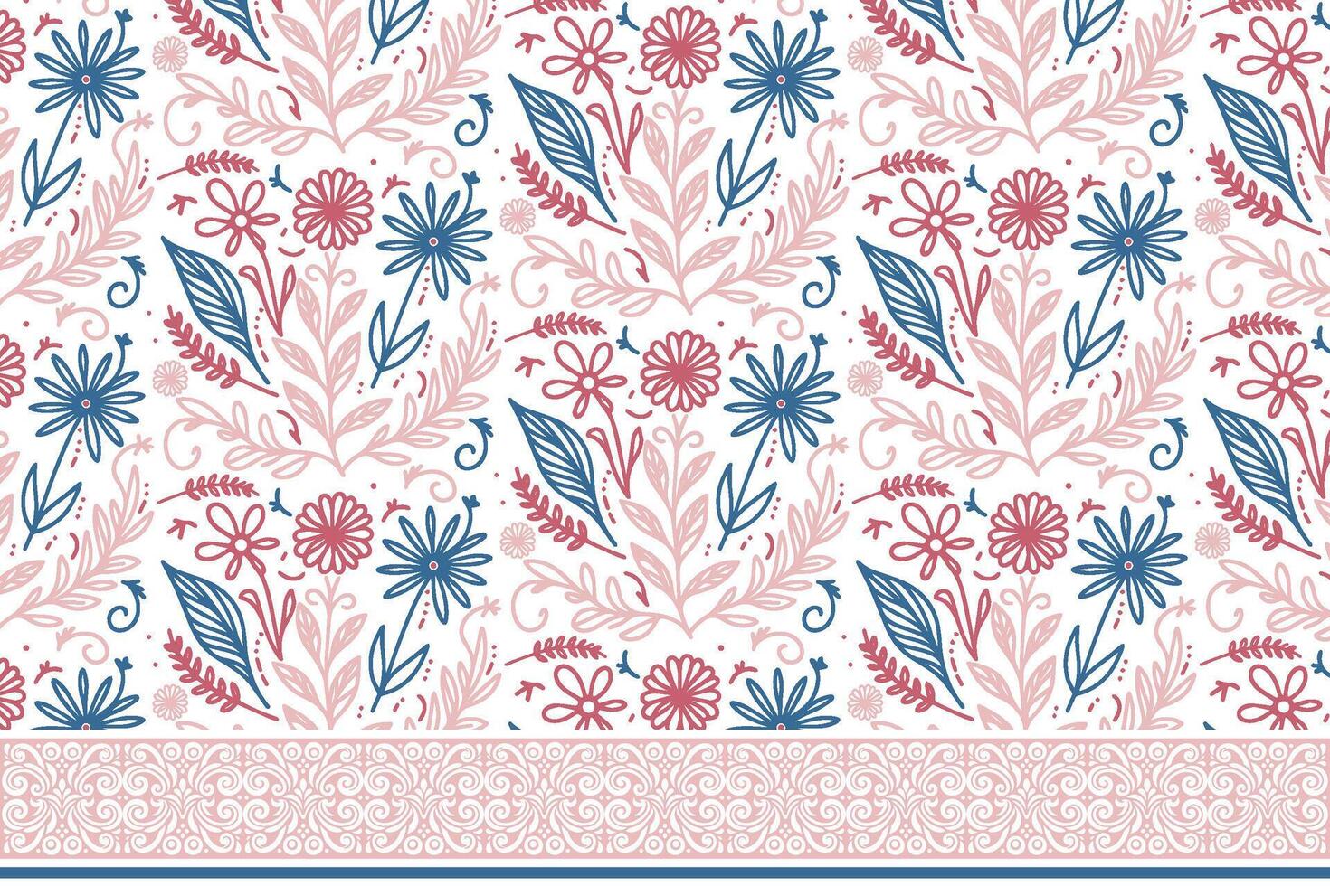 floral motif with border design, sketch style cotton flower, outline rose textile print, repeat fabric fashion idea, pillow cover texture vector