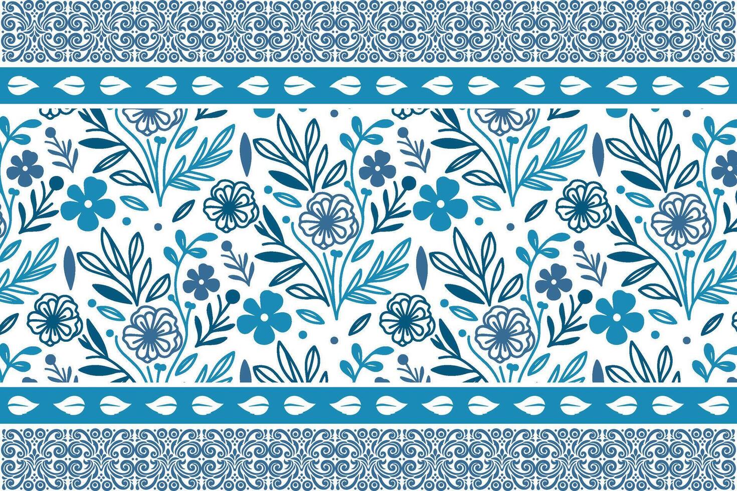 blue botanical border print, abstract flower texture, modern one line art, women wear cotton design, home textile fabric vector