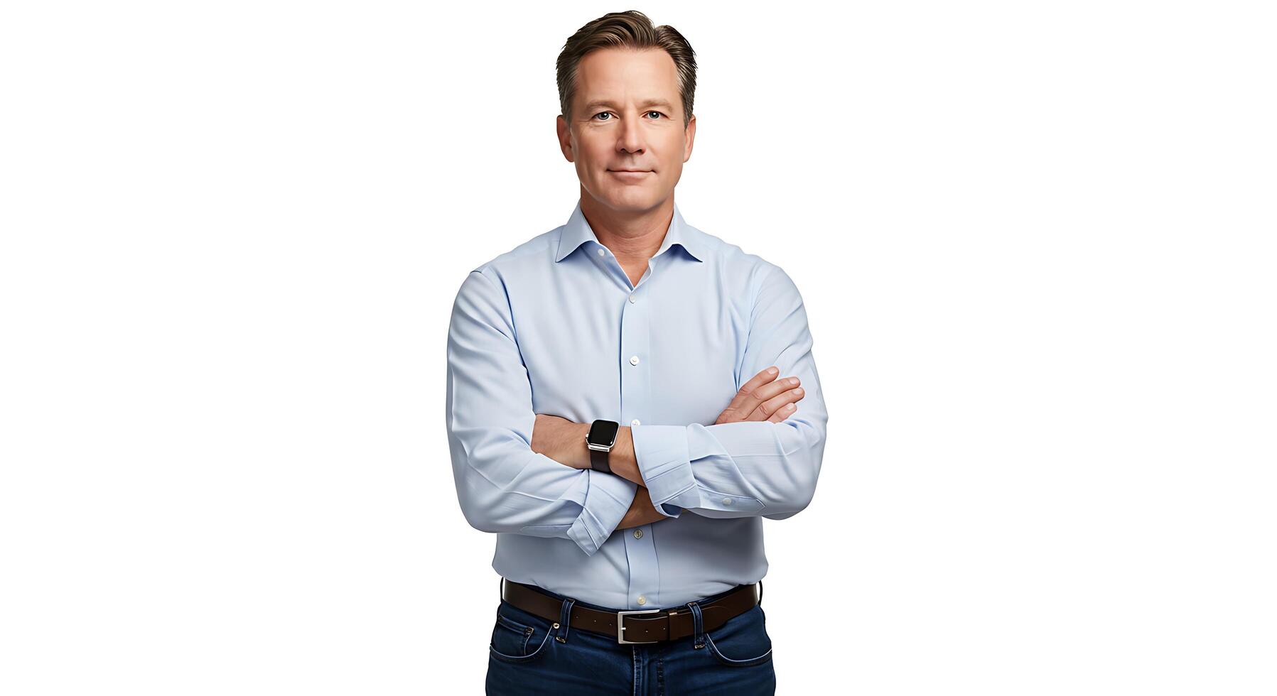 A man in a blue shirt and jeans standing with his arms crossed photo