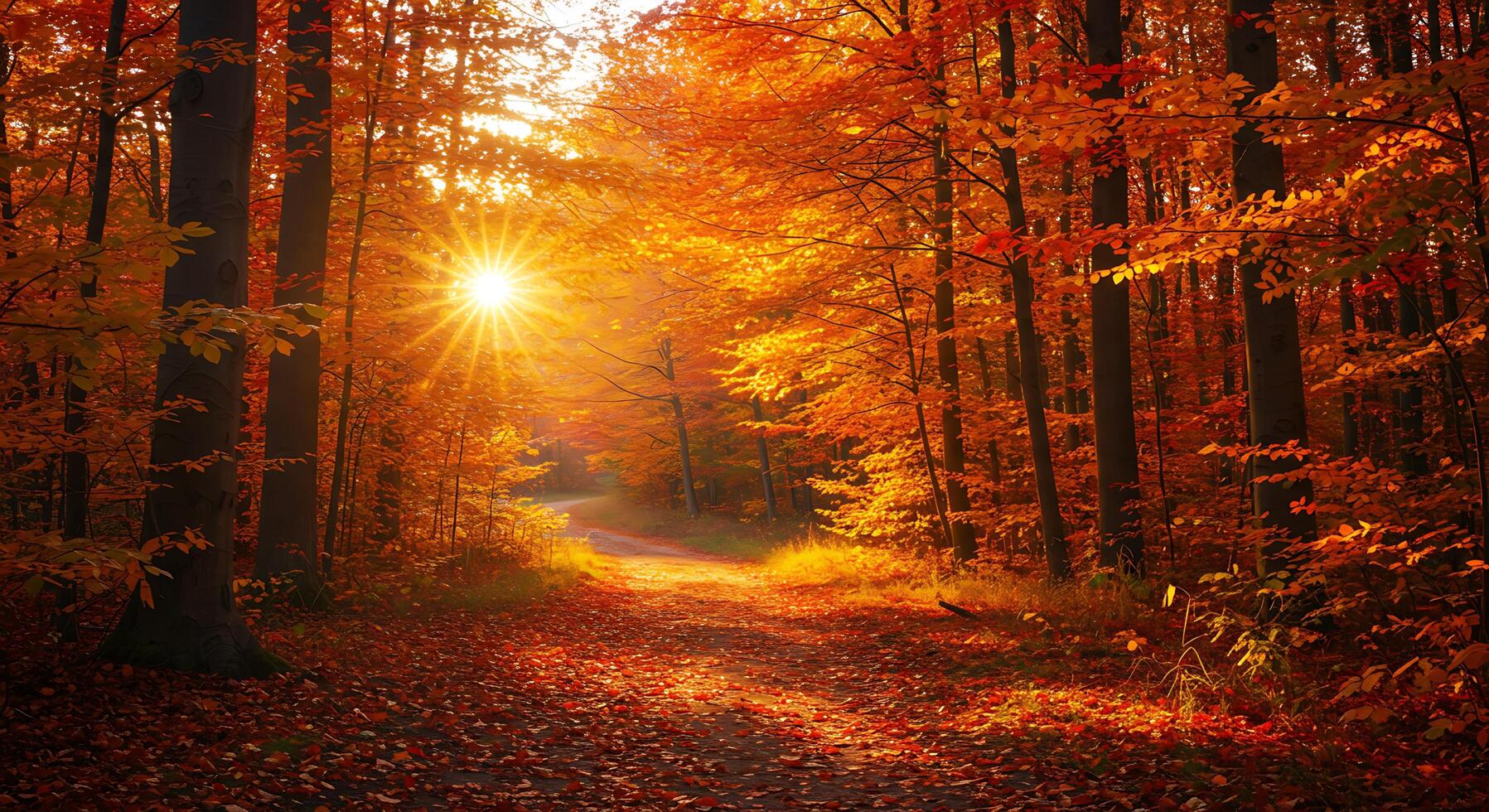 Autumn forest path with sun shining through trees photo