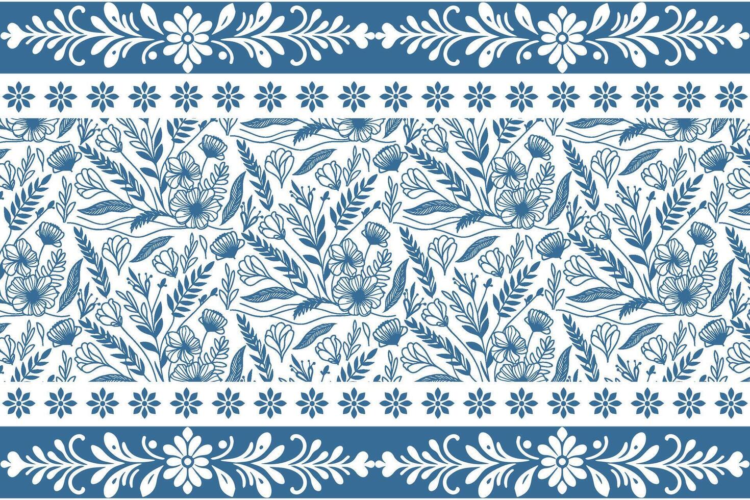 blue flower embroidery border, modern leaf sketch, minimalist cotton line, outline floral pattern, textile fashion wrapping vector