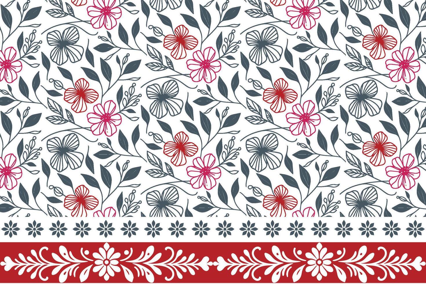 rose floral border textile, outline cotton flower sketch, fabric print for wrapping, one line trendy pattern, fashion inspired motif design vector