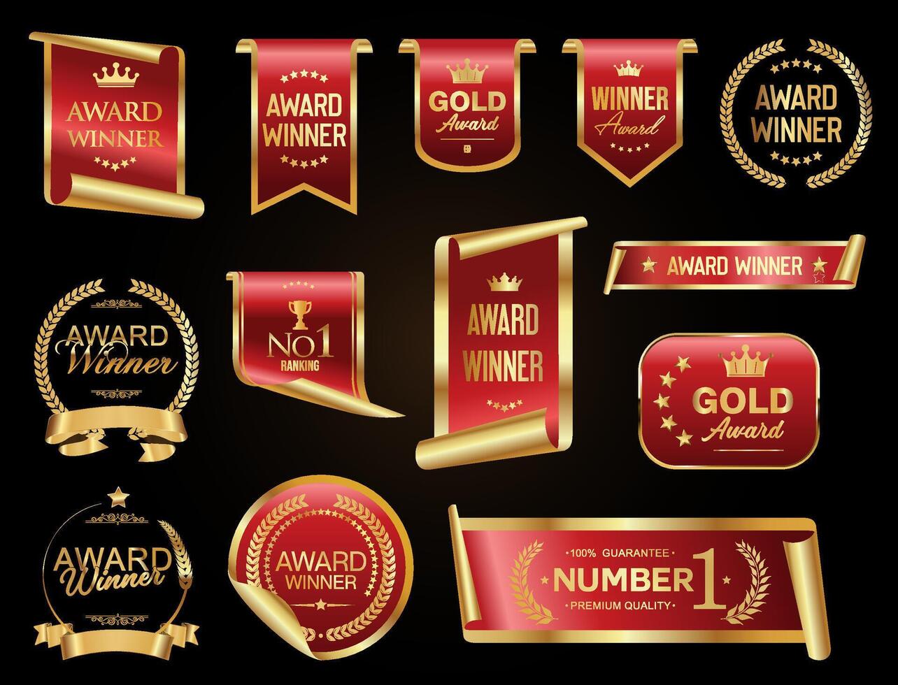 Award winner gold and red color badge and emblem collection stock illustration vector