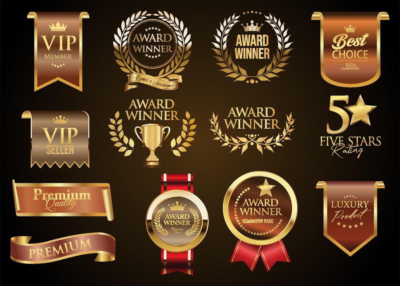 Golden luxury emblems and badges gold premium quality certificate ribbons stock illustration vector