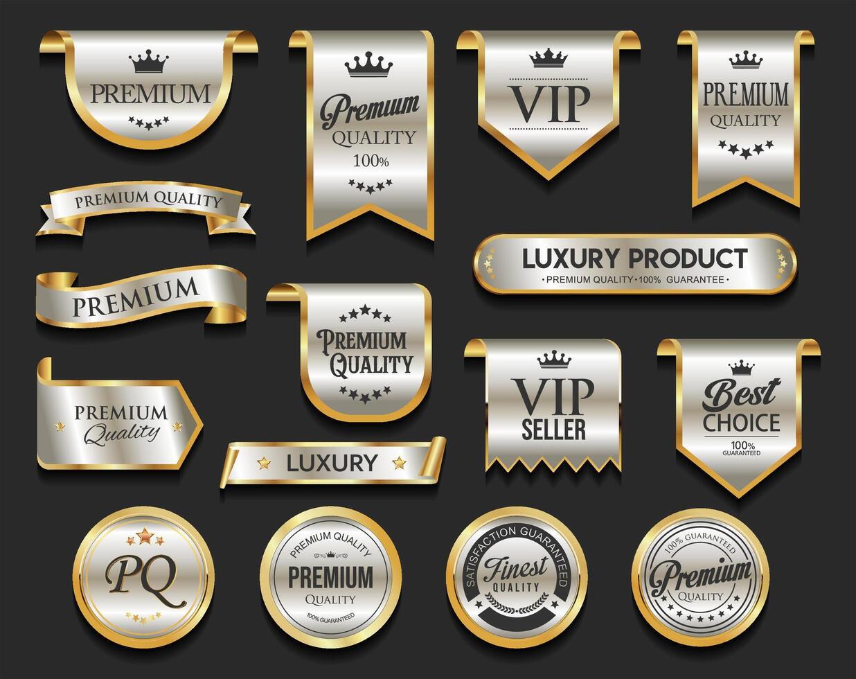 Golden luxury labels and badges gold premium quality certificate ribbons vector