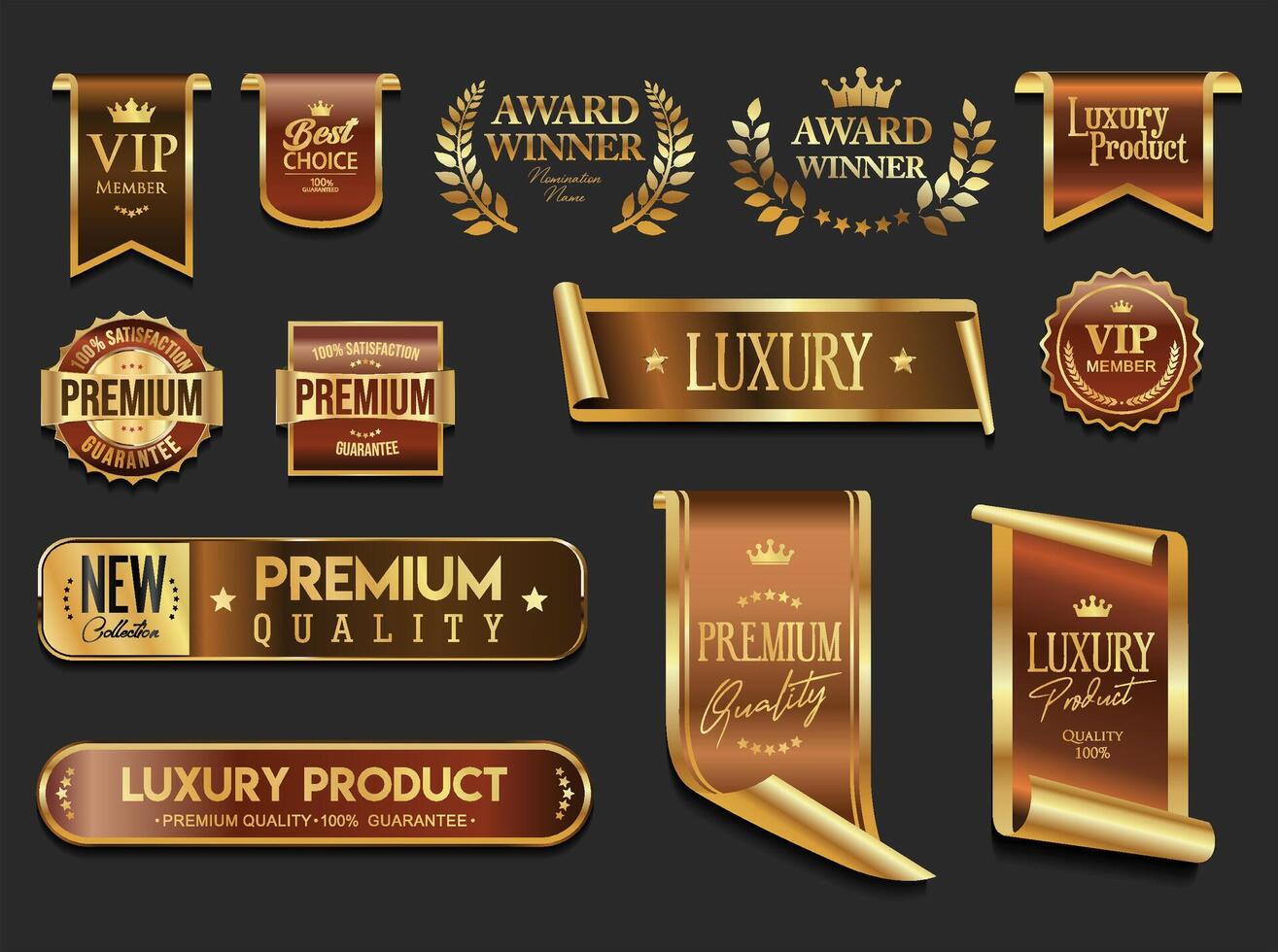 Golden luxury emblems and badges gold premium quality certificate ribbons vector