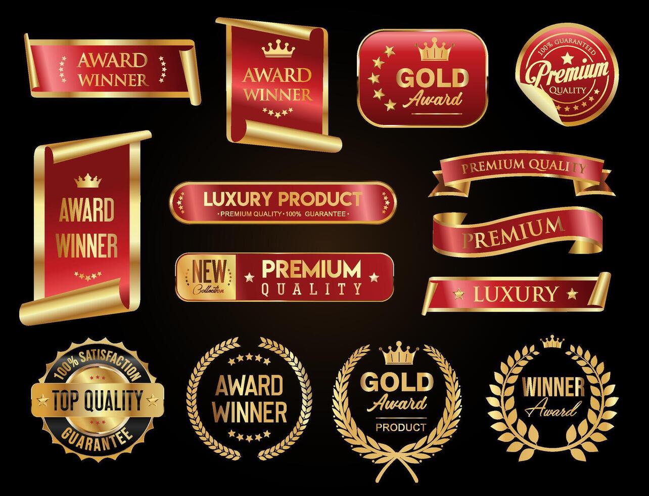 award winner gold and red badge and emblem collection stock illustration vector