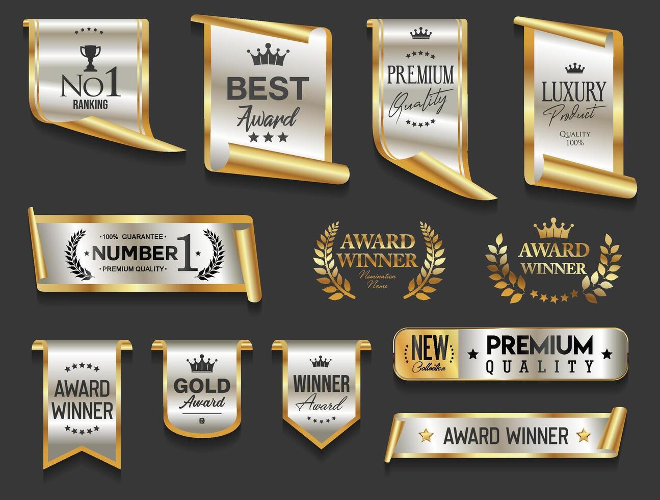 Golden luxury emblem and badges gold premium quality certificate ribbons vector