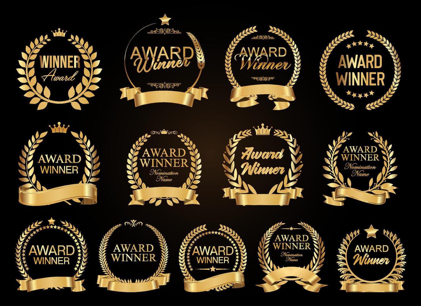 Award winner gold and black badge and emblem collection stock illustration vector