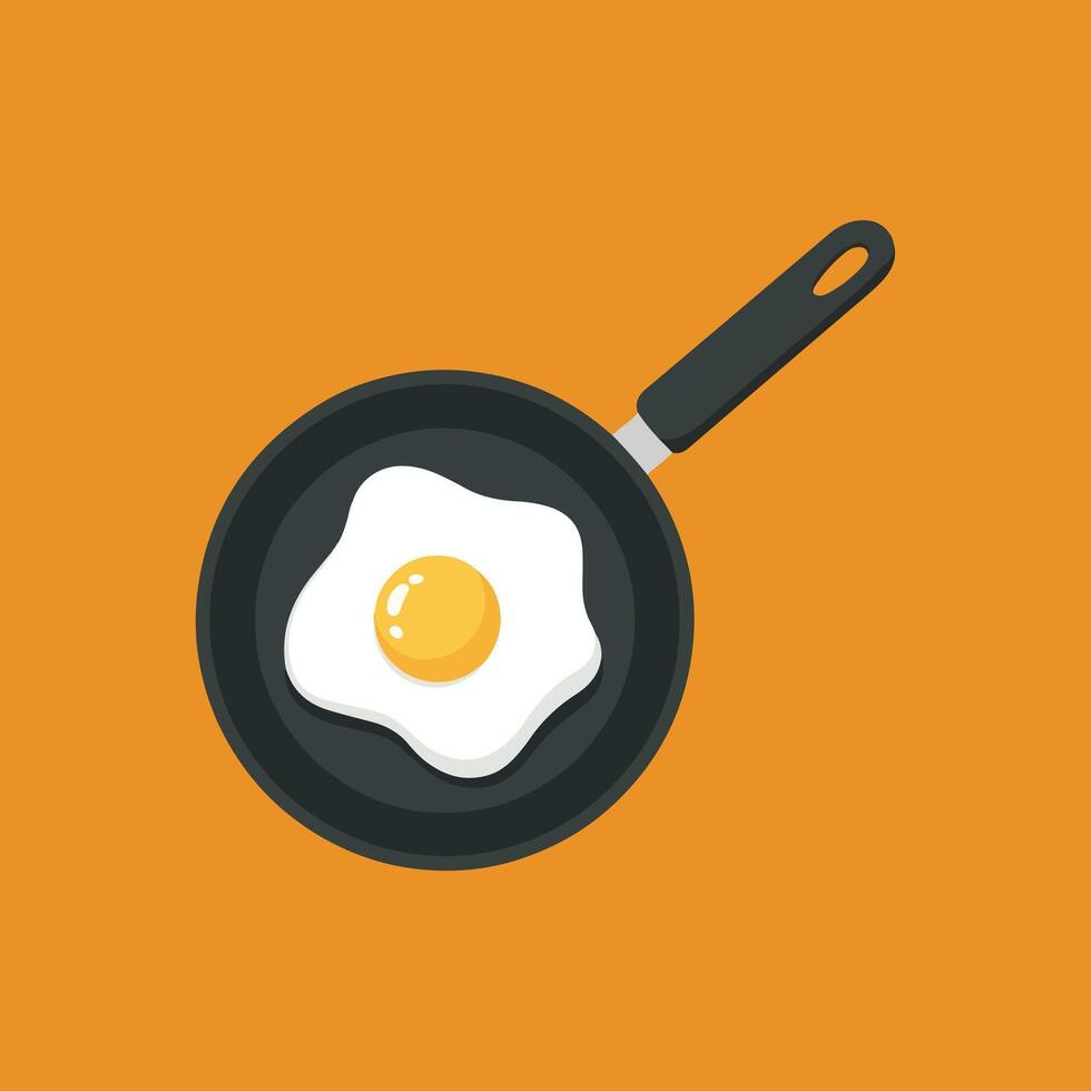Sunny-side-up egg cooking in a black frying pan on a warm orange background for breakfast. vector