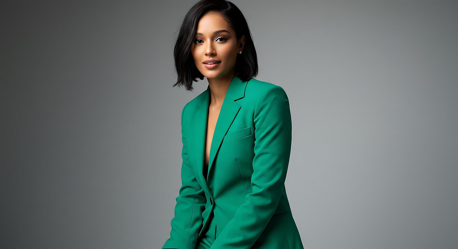 A woman in a green suit and black shoes photo