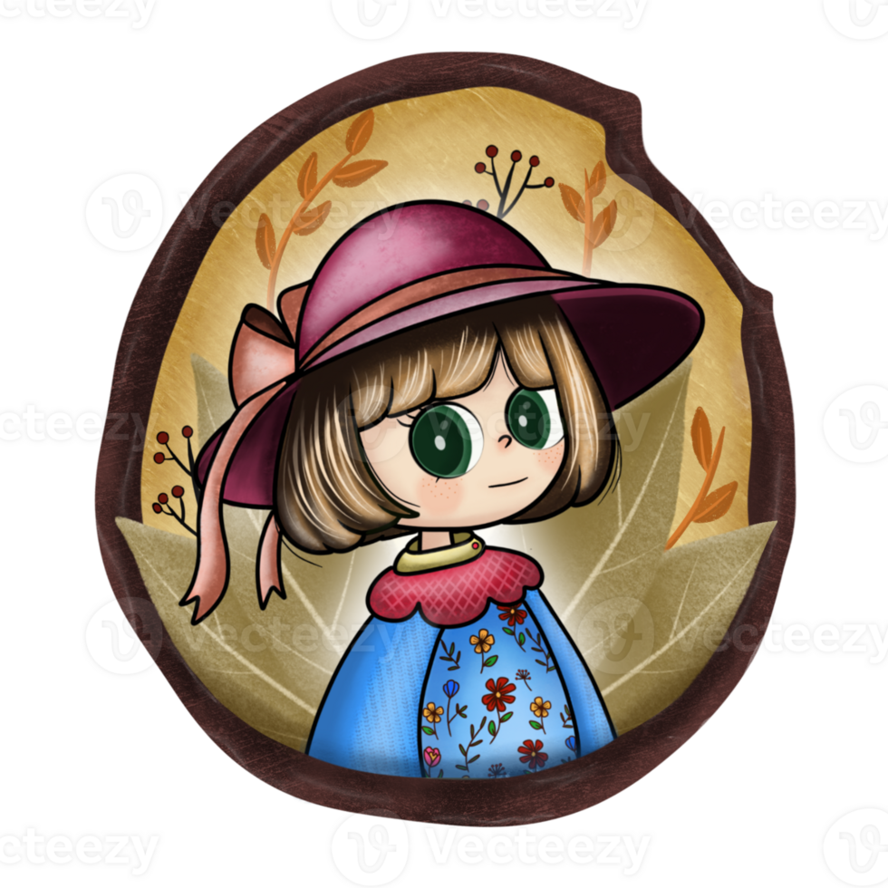 Little girl in autumn hat and floral dress png