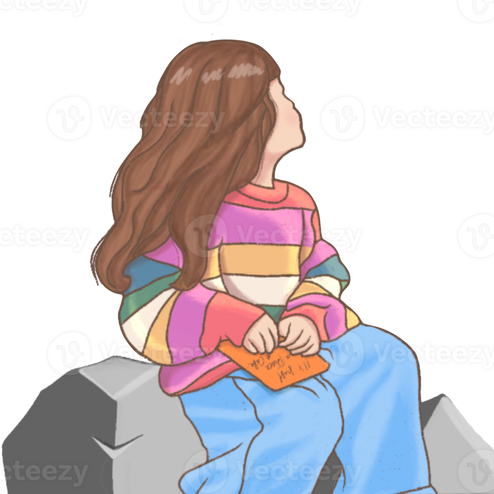 Girl sitting on rock with book - colorful illustration png