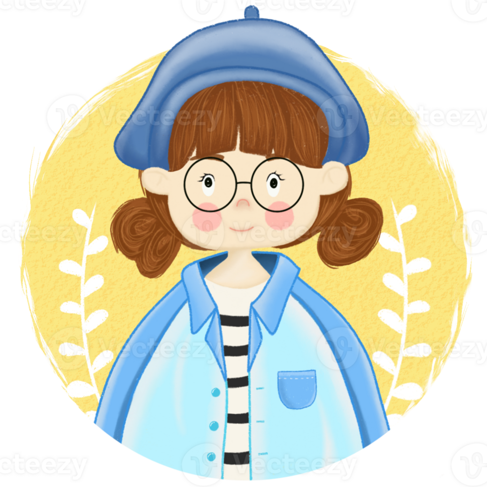Girl in blue coat and beret-cute cartoon portrait png