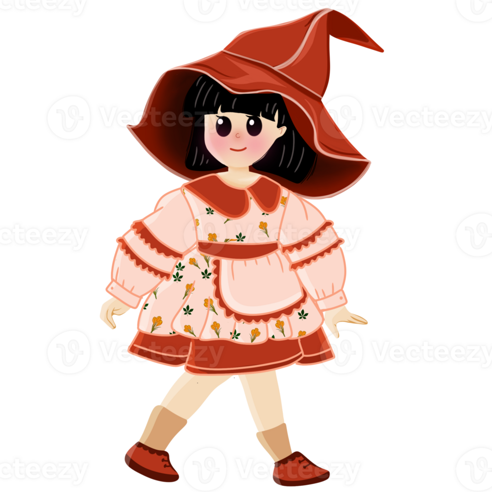 Little witch girl in red hat and dress png