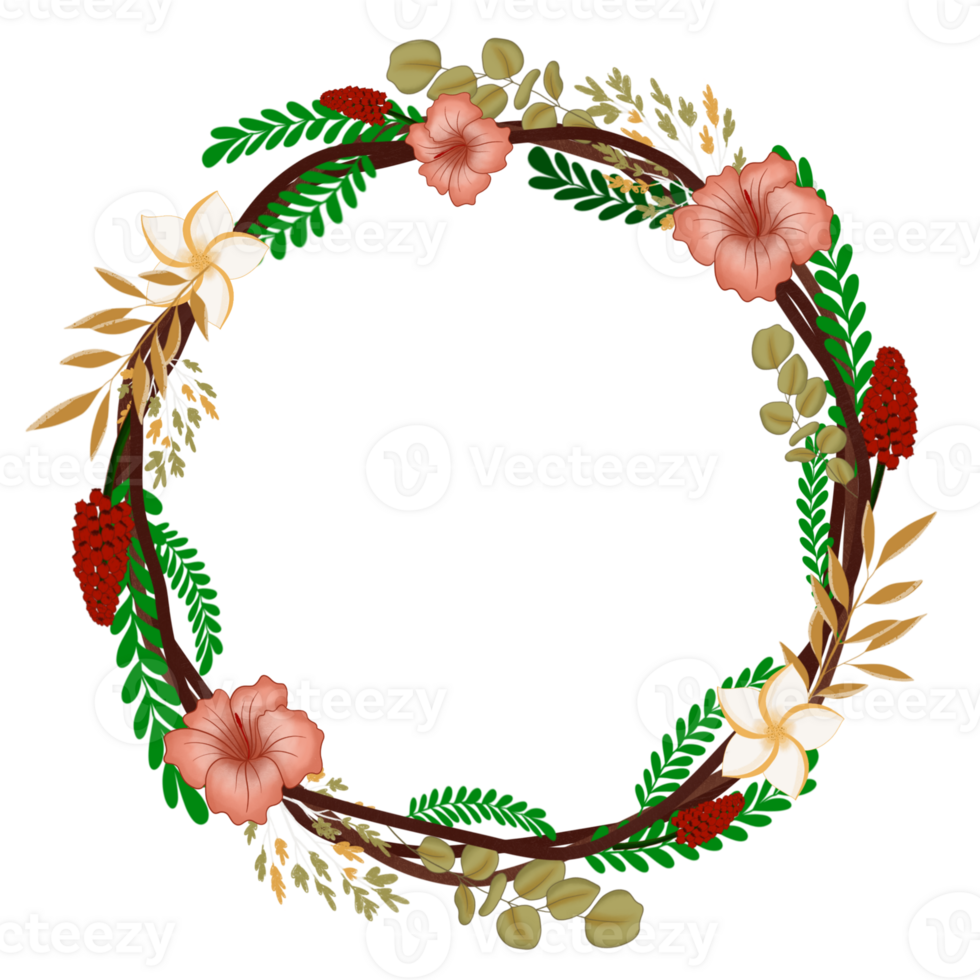 Tropical floral wreath with leaves and flowers png