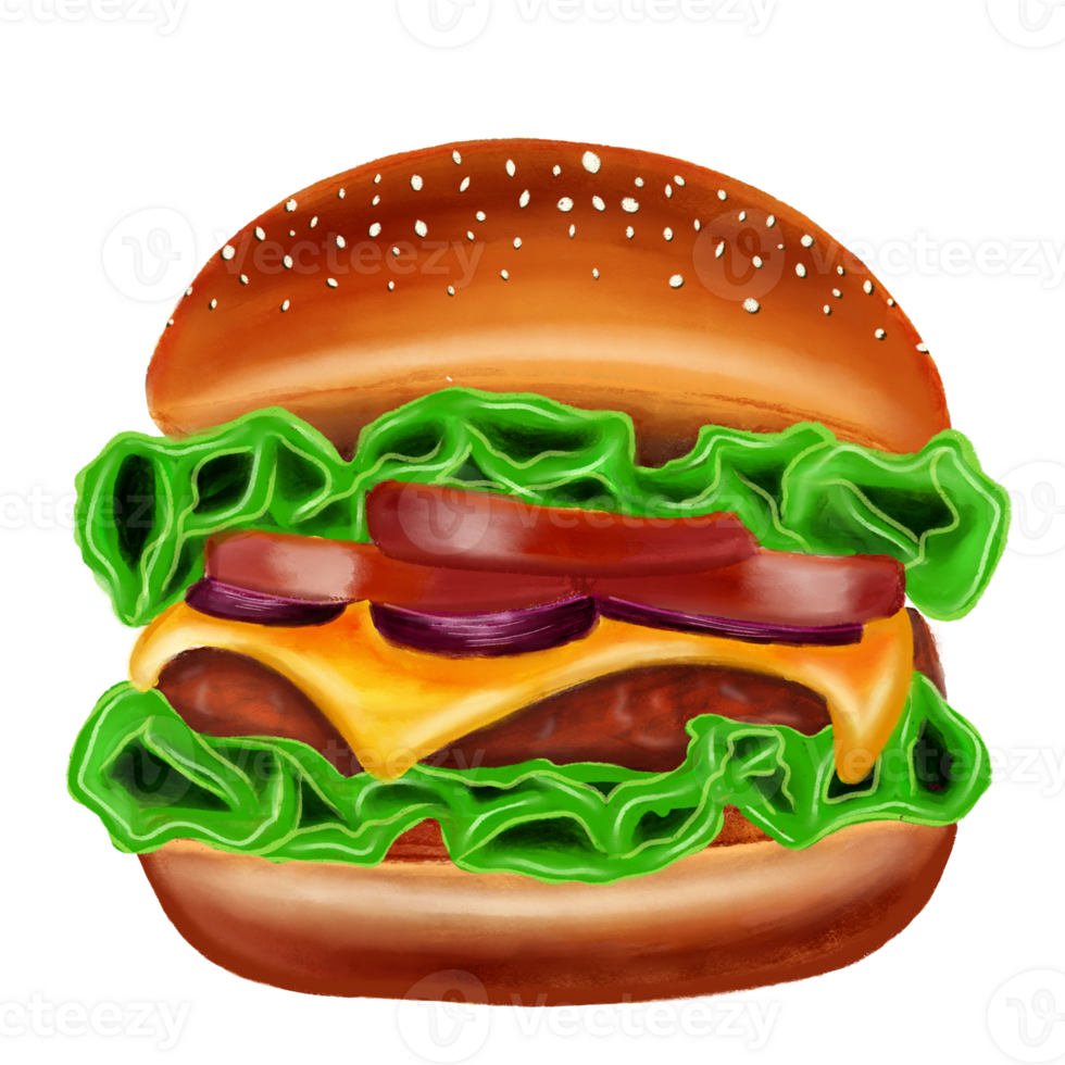 Juicy cheeses burger with lettuce and tomato illustration png