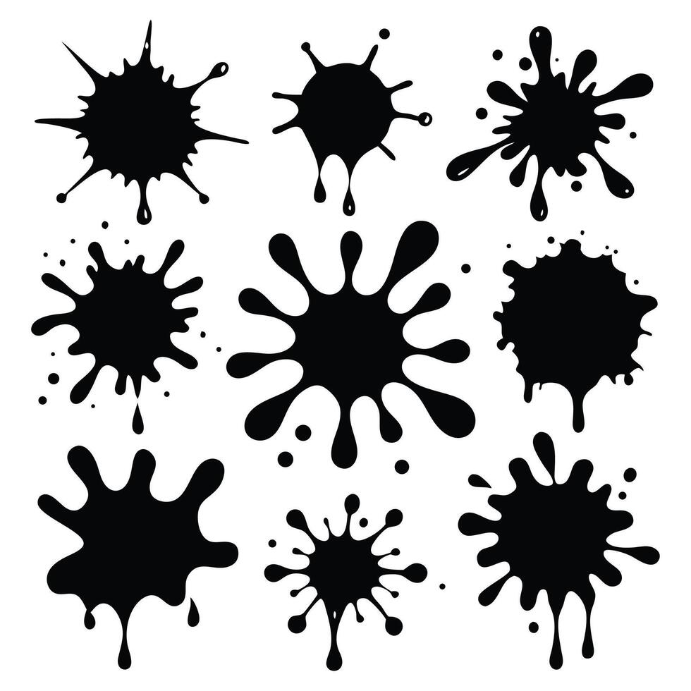 Set of 9 High-Resolution Black and White Splash Designs - Bold Ink and Paint Splatter Elements with Drips and Textured Smears vector