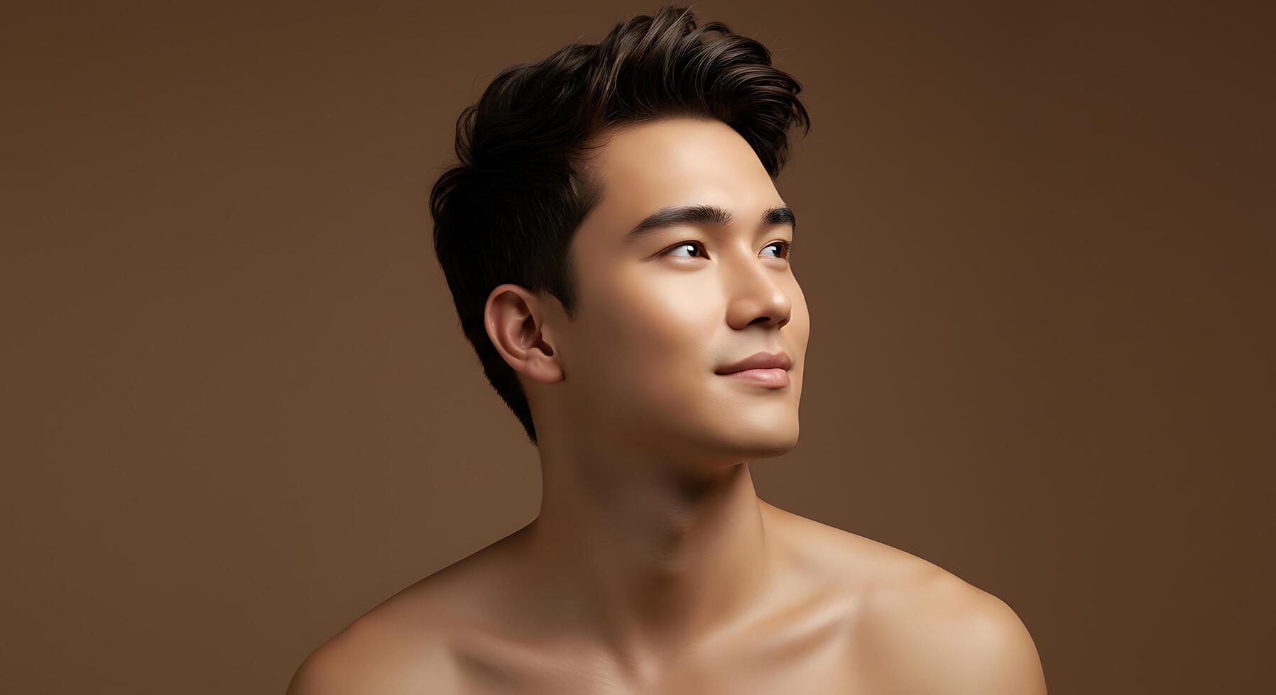 A man with no shirt on looking up photo