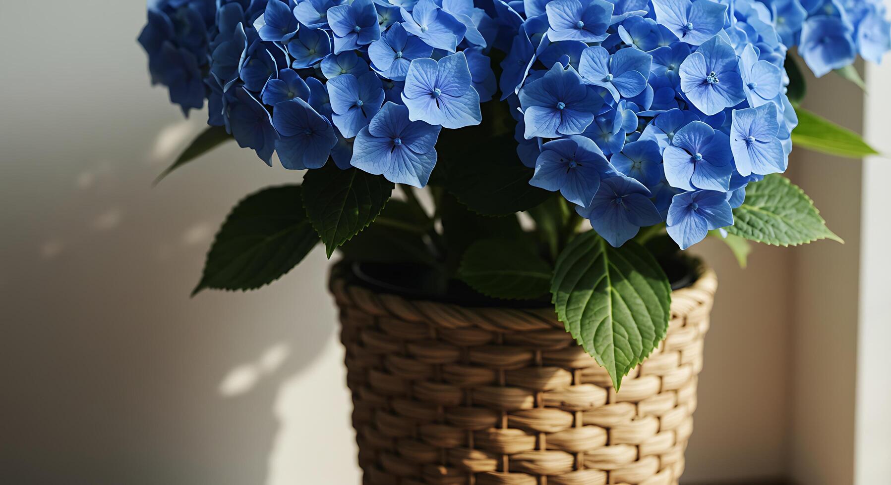 A vase with blue flowers sitting on a table photo