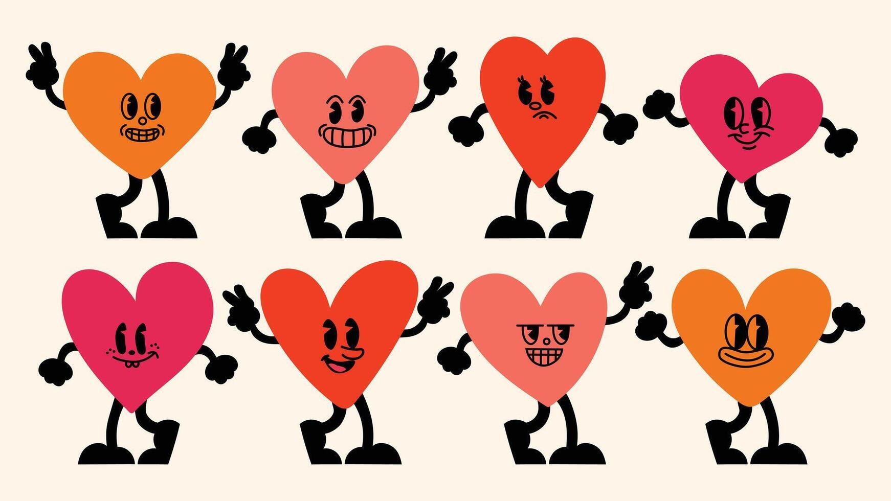 Bright and cheerful pack of logo templates with character illustrations, hearts, and funny graphic elements for posters, ads and banners. vector