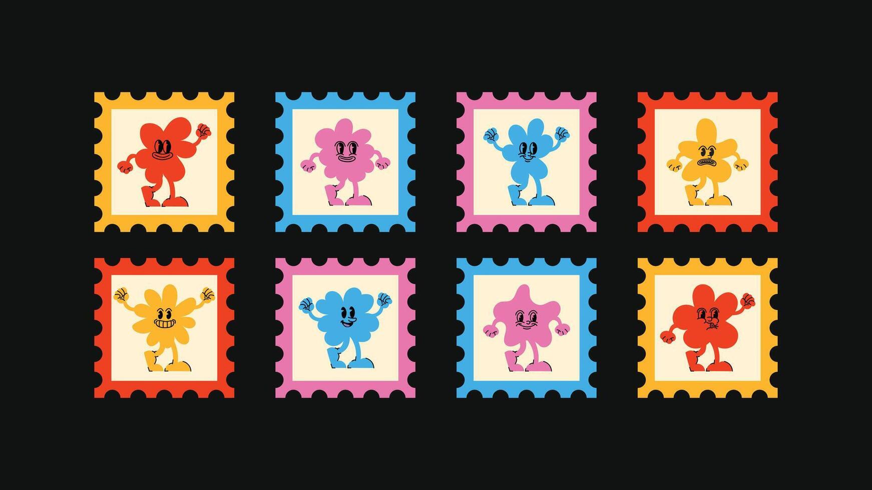 Cartoon-inspired logo elements featuring square stamps, heart motifs, smiling characters and line icons a creative set for posters, packaging, and social media visuals. vector