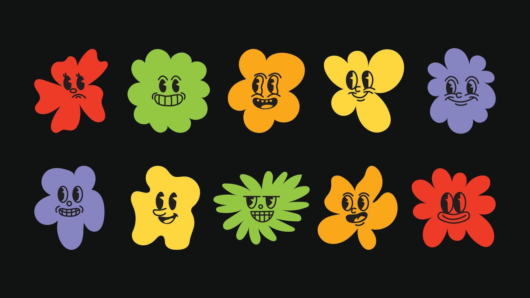 Creative logo and graphic bundle for promotional design, branding materials, print posters and web banners, with fun mascots, smiling characters and minimal icons. vector