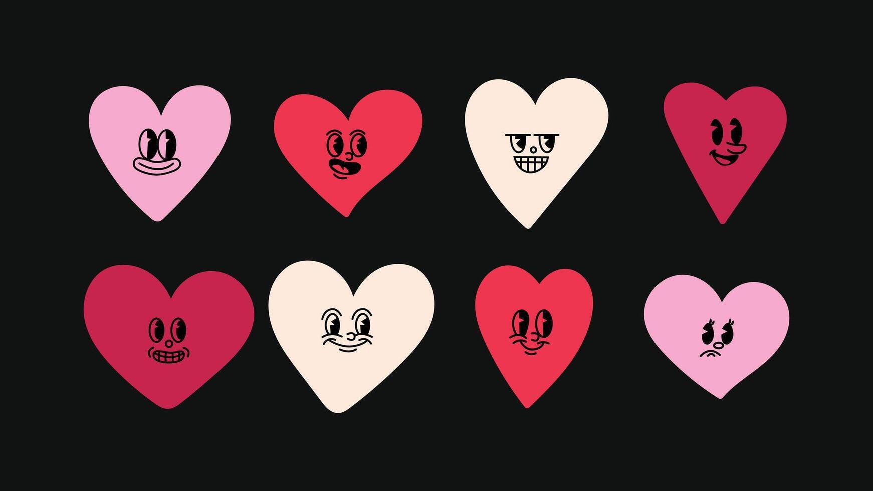 logo design kit with cute smiling mascots, graphic elements, abstract hearts, line icons and stickers ideal for advertising, branding, posters and playful social media content. vector