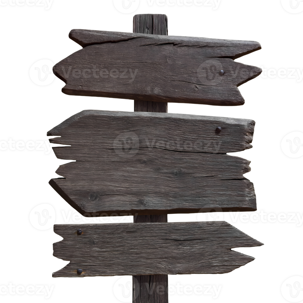 Timeworn directional wood post with deep grooves and weather stains, accented by metal fasteners. png