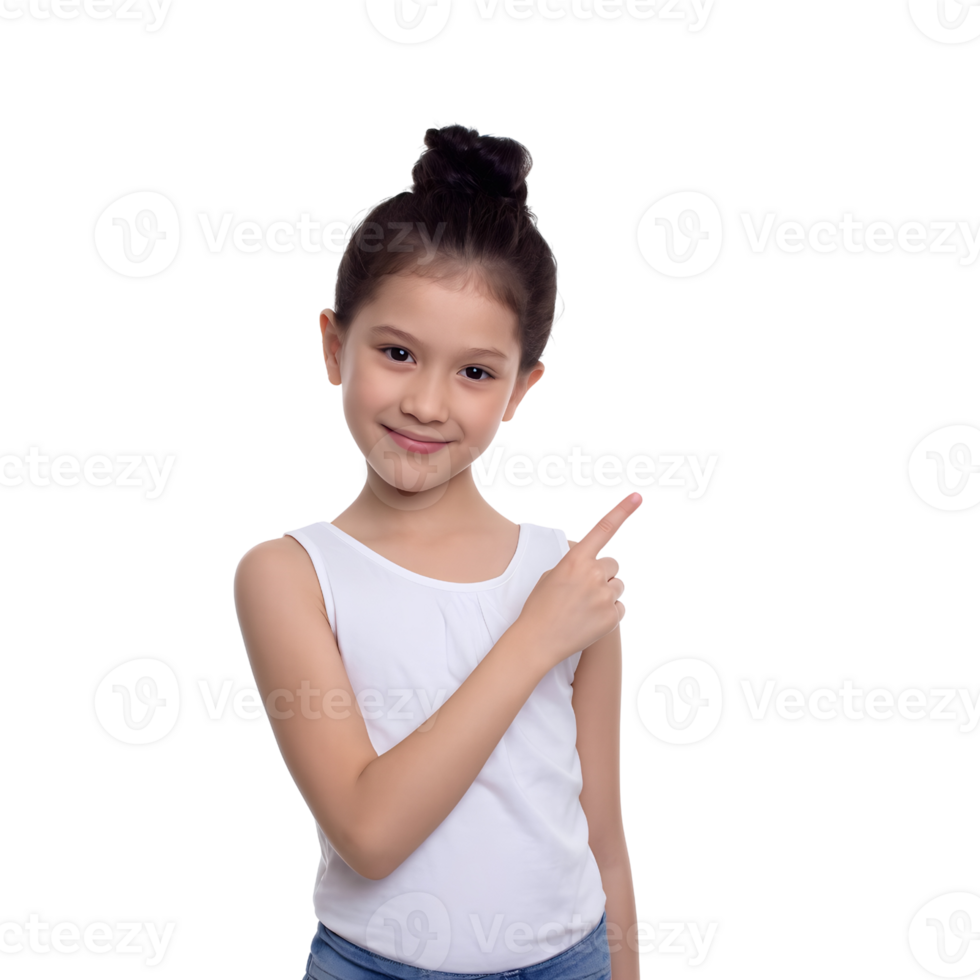 Young smiling female showing the path with a pointing hand. png