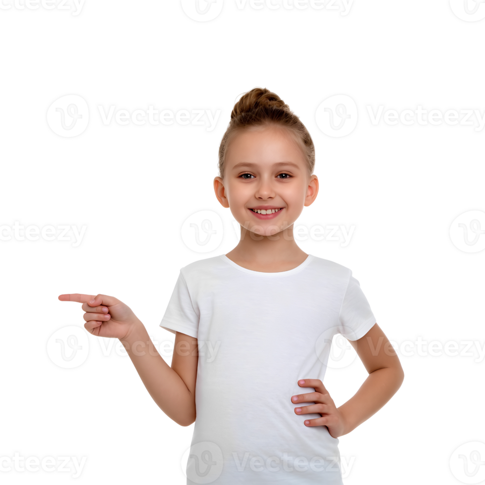 Confident little lady pointing outward, suggesting movement or guidance. png