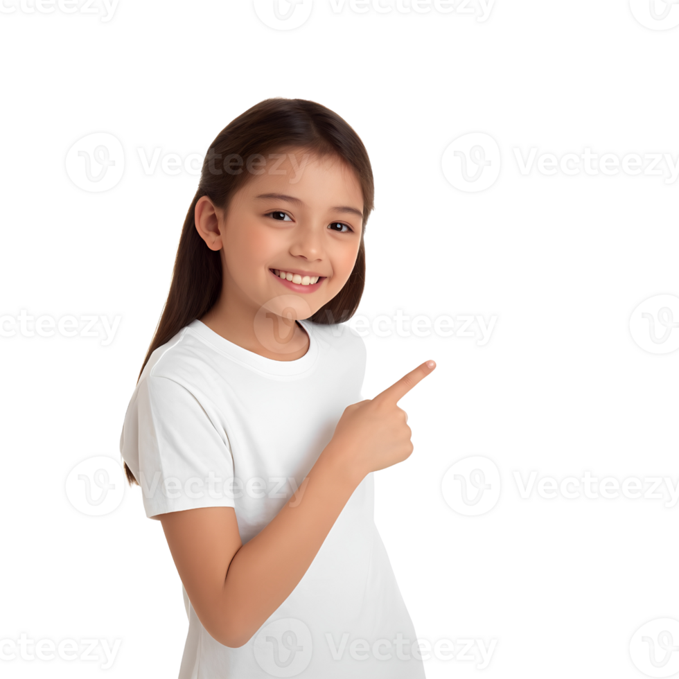 Upbeat girl pointing off-frame, guiding the viewer with charm. png