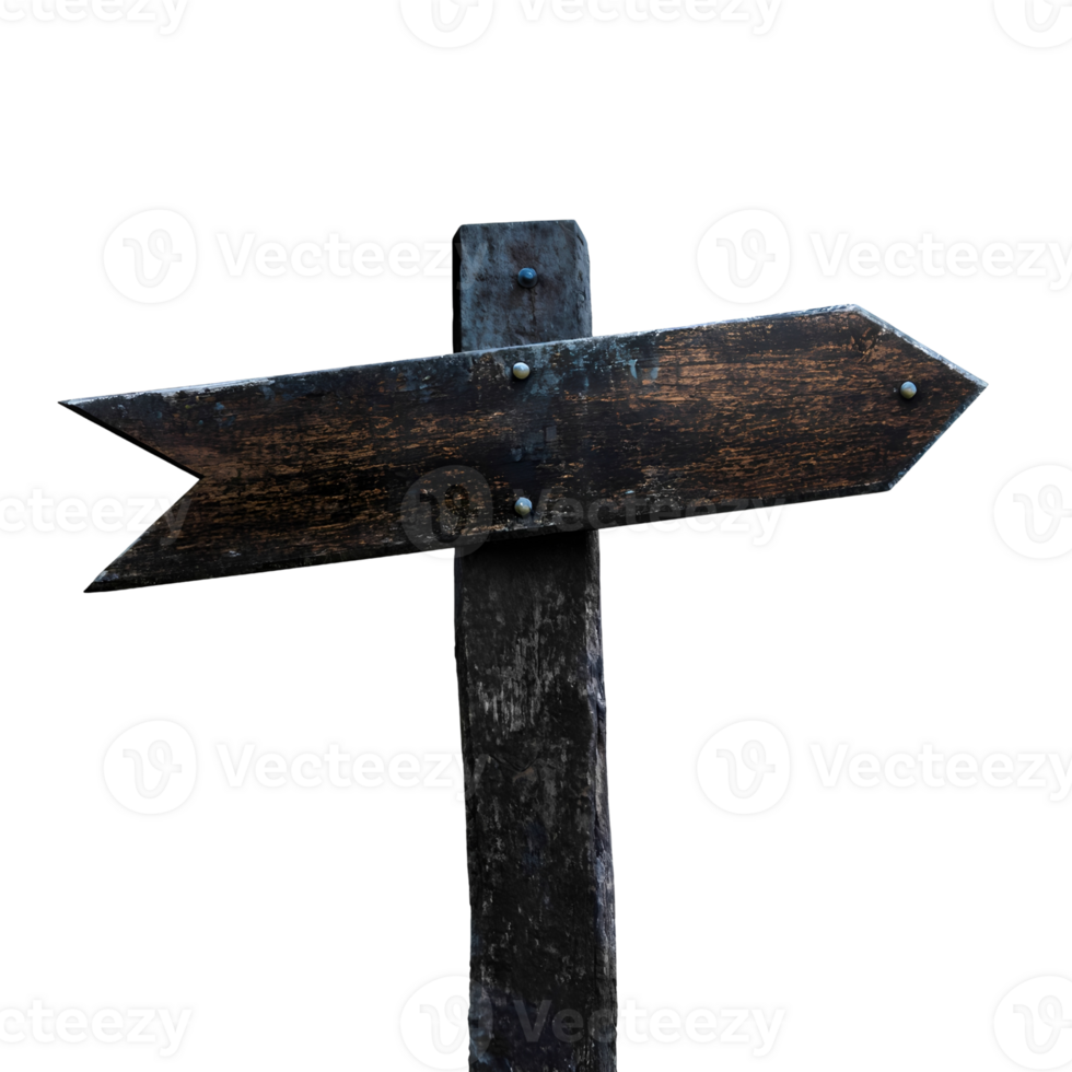 Old weathered wooden signpost with rough texture, dark grain and visible nails, themed designs, isolated on white background png