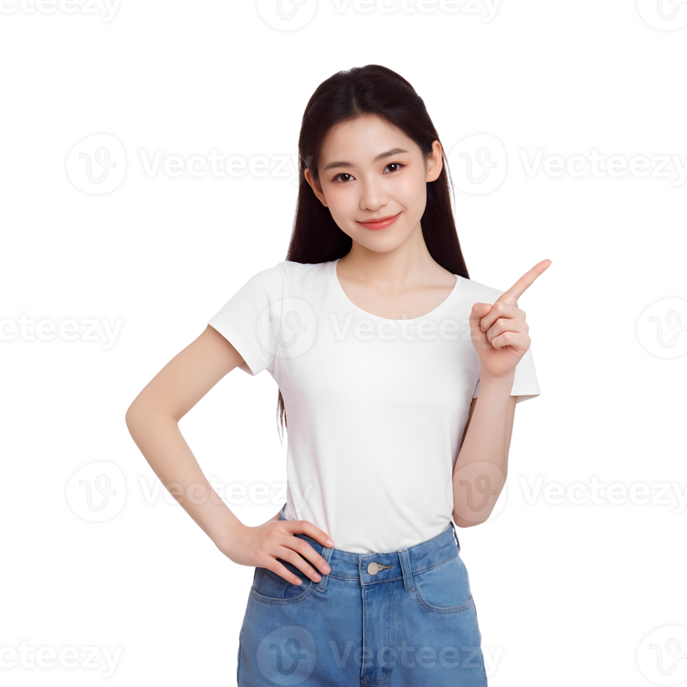 Smiling young girl confidently pointing to the side, suggesting direction png