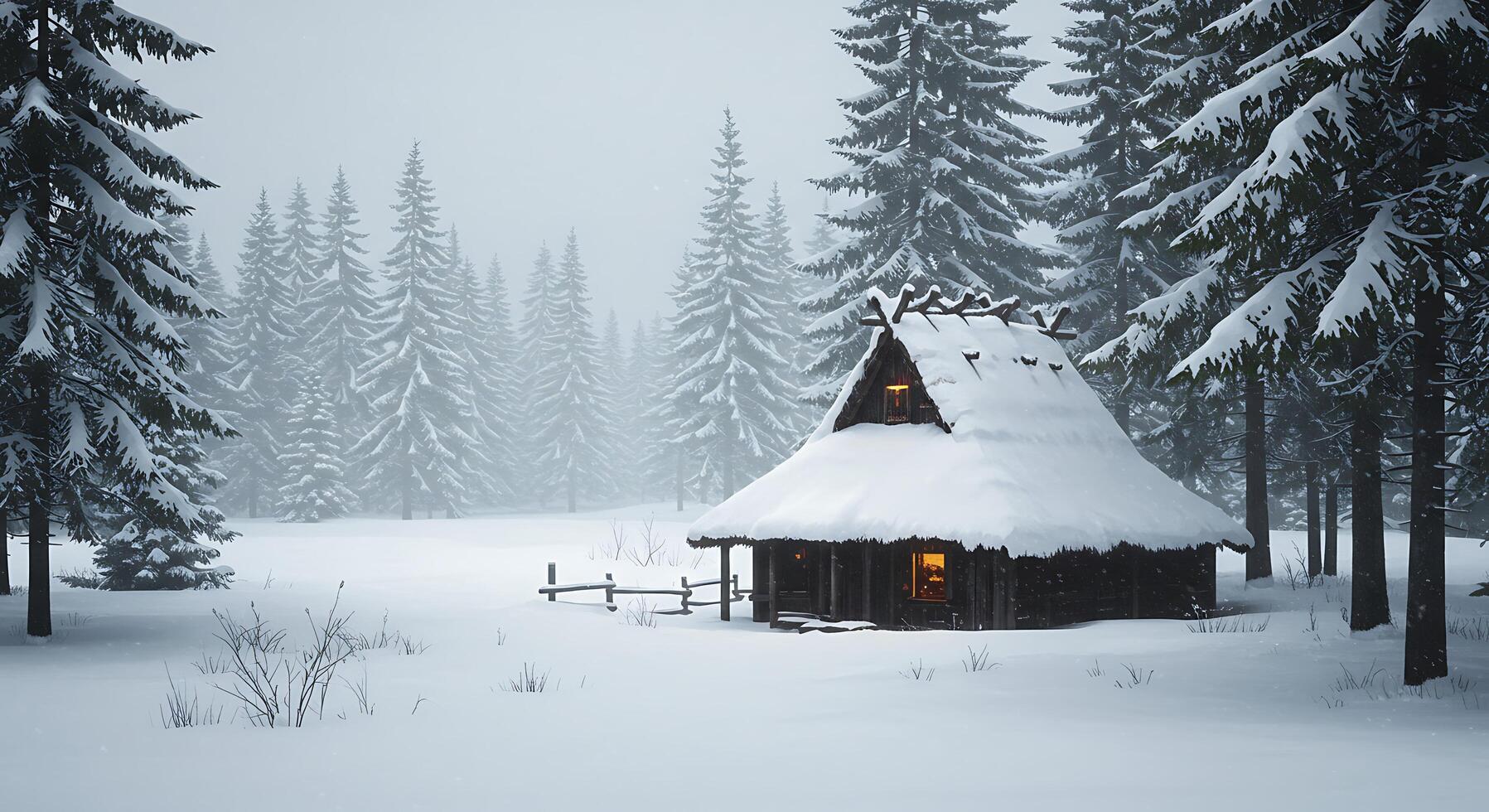 A cabin in the middle of a snowy forest photo