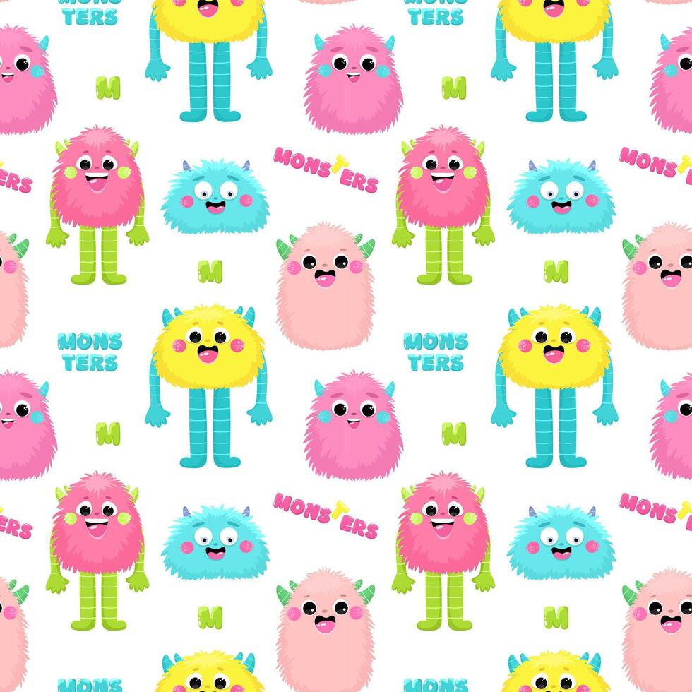 Seamless pattern with funny fluffy monsters. vector