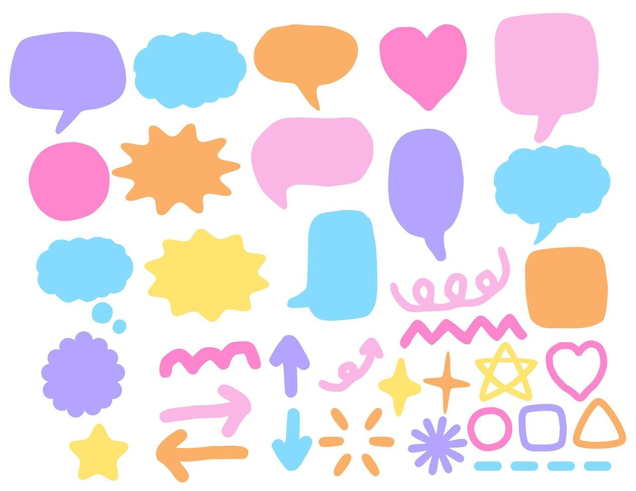 Set of hand drawn speech bubbles, shapes, lines, and arrows.Set of elements.Collection of banner.Pastel color stickers for decorating.Sign, symbol, icon or logo isolated. illustration. vector
