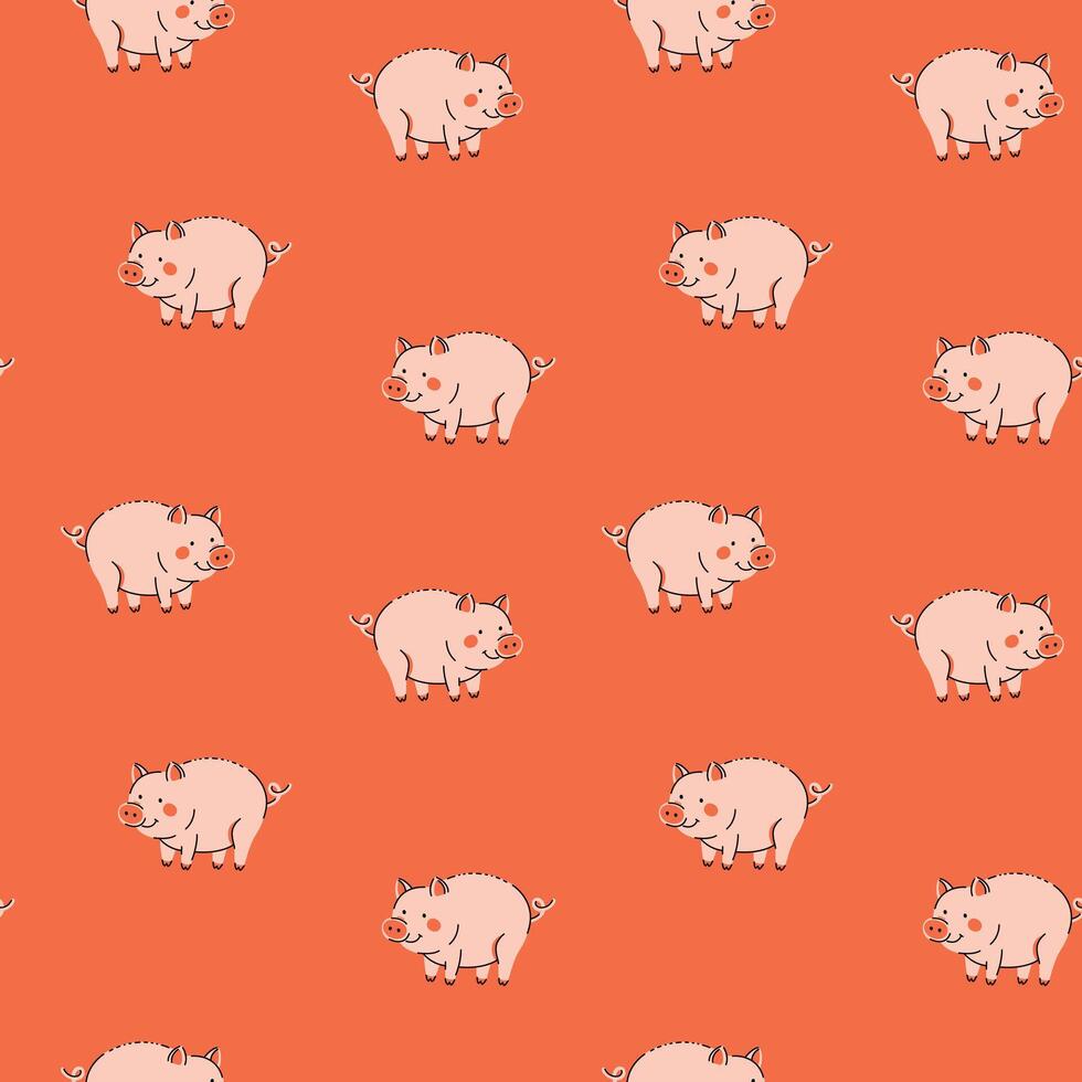 Seamless pattern with cute cartoon pigs on a coral background vector