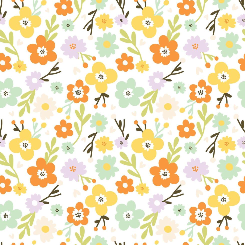 Delicate seamless pattern with cute flowers, leaves and small hearts on a white background vector