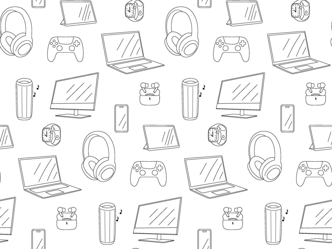 Seamless pattern with digital gadgets in linear style. background for electronics, devices and minimal tech design vector