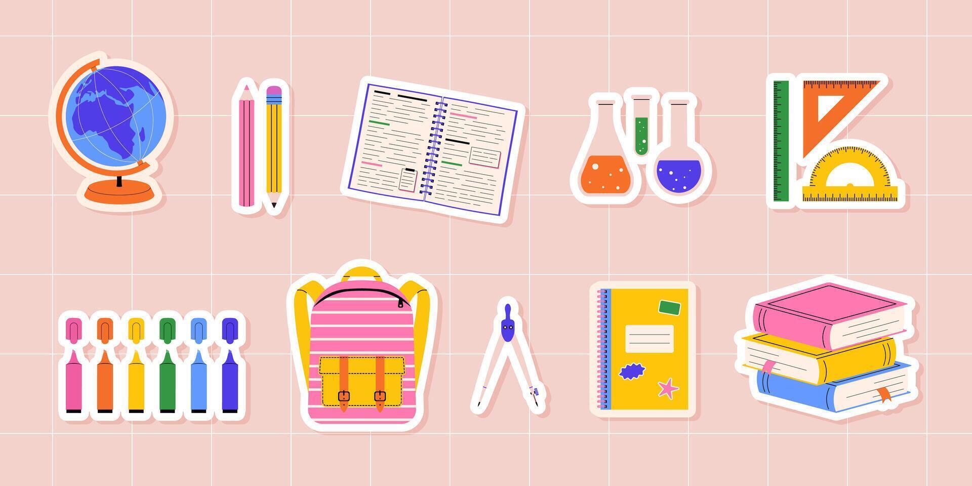 Colorful school supply stickers including books, pencils, backpacks, and rulers. illustration for education, kids, and back to school design projects vector