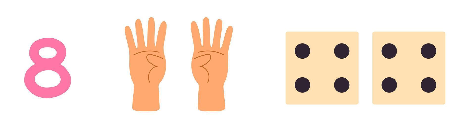 Colorful educational chart showing numbers 8 with corresponding hand signs and dice illustrations for counting and early math learning vector