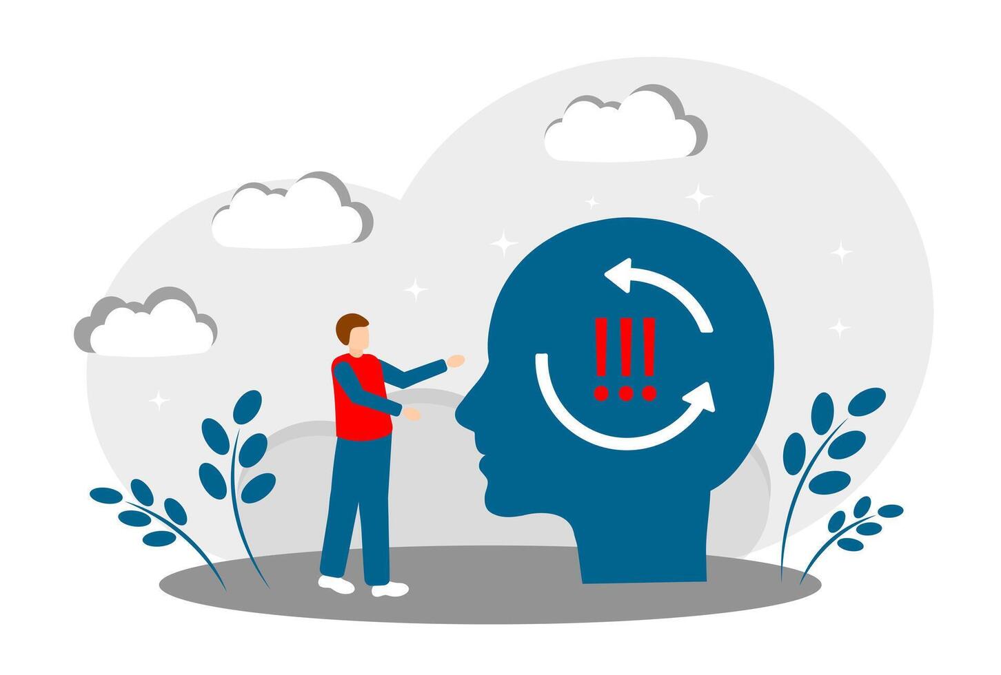 The concept of psychological problems, problem solving and brainstorming. Head with exclamation marks. Anxious thoughts vector