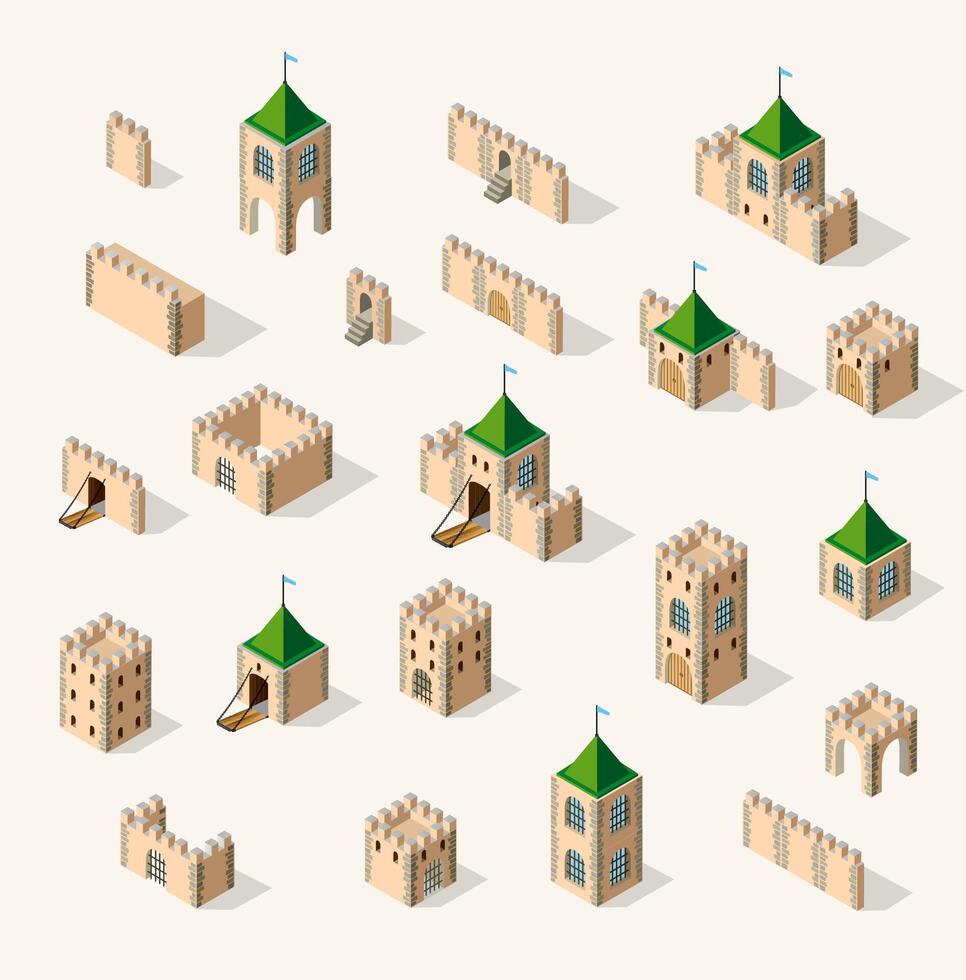 Isometric castle set with different types of buildings vector