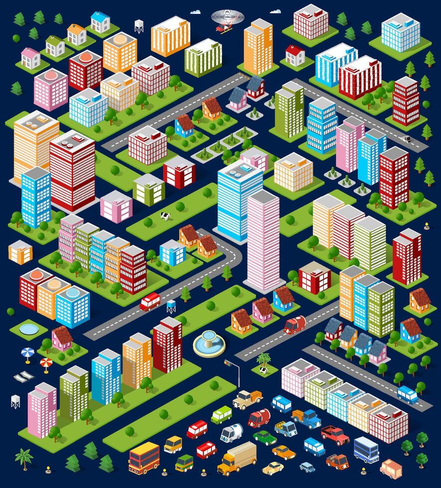 Isometric city with buildings, roads and cars vector