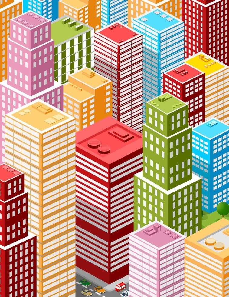 A city with many colorful buildings and cars vector
