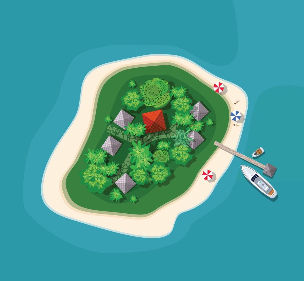 An aerial view of a tropical island with a house and a boat vector