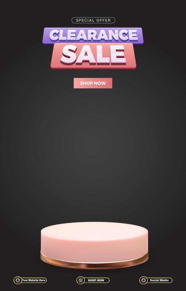 clearance sale discount portait template banner with blank space 3d podium for social media post product sale with abstract gradient black background design vector