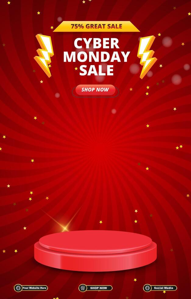cyber monday sale discount portait template banner with blank space 3d podium for social media post product sale with abstract gradient red background design vector