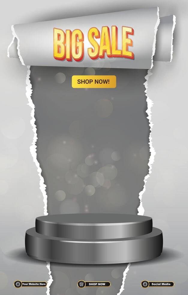 big sale discount portait template banner with blank space 3d podium for social media post product sale with abstract gradient grey background design vector